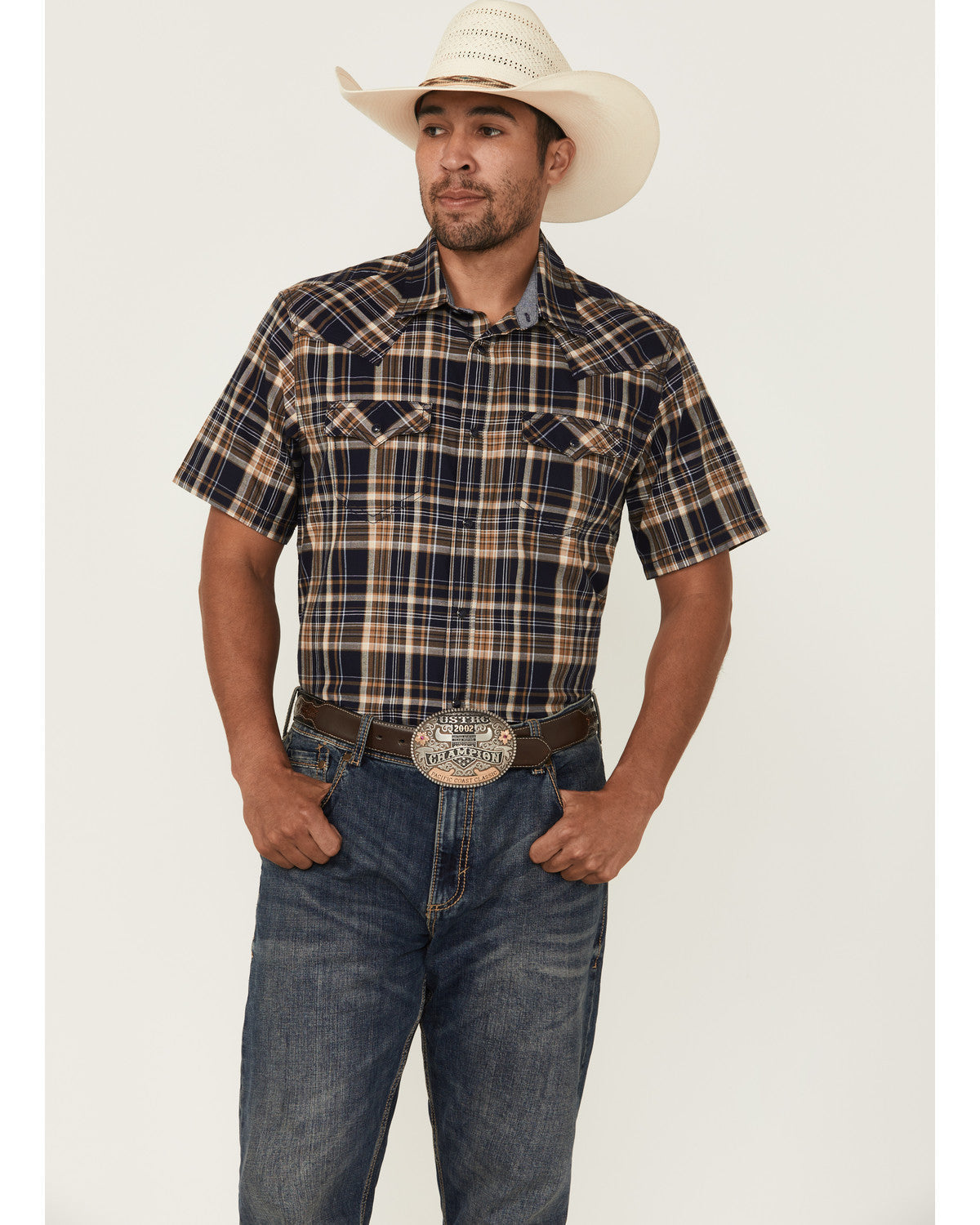 Men's Rustic Rodeo Plaid Print Short Sleeve Snap Western Sh