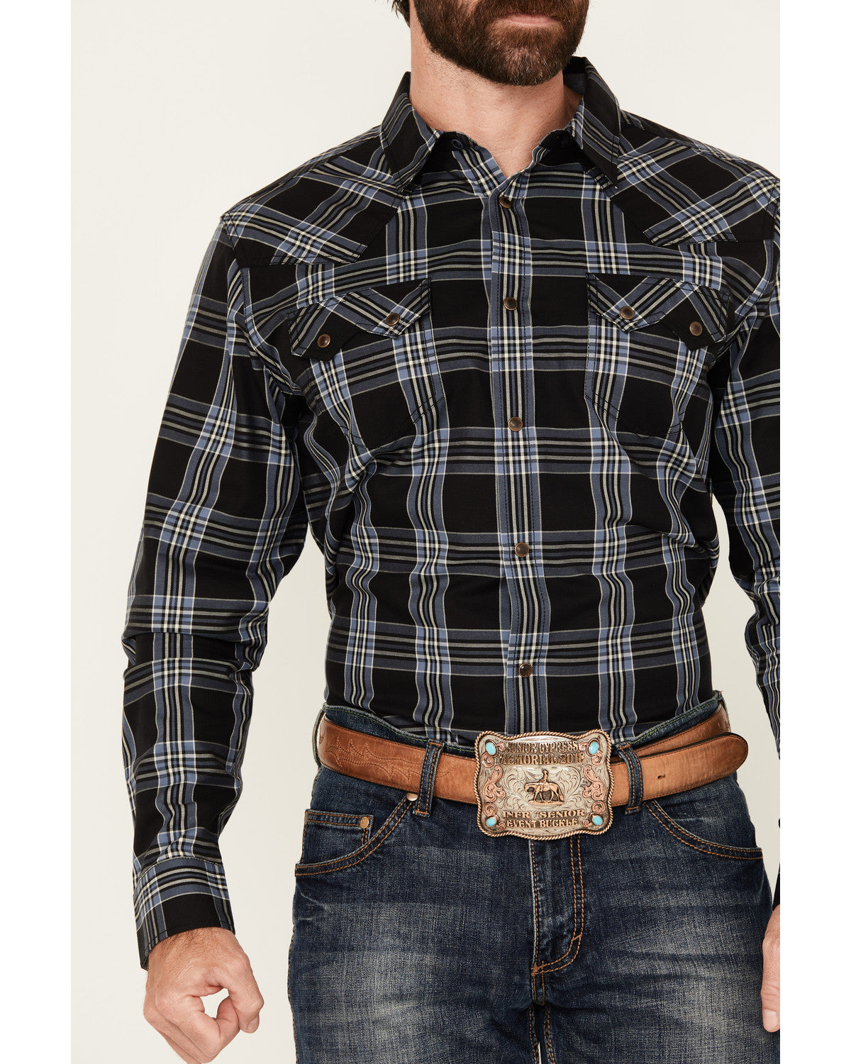 Men's Irving Plaid Print Long Sleeve Snap Western Shirt - B