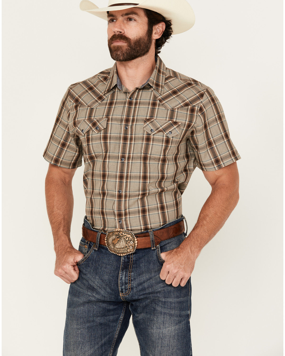 Men's Poncho Plaid Print Short Sleeve Snap Western Shirt