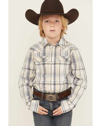 Boys' Wind Plaid Print Long Sleeve Snap Western Shirt