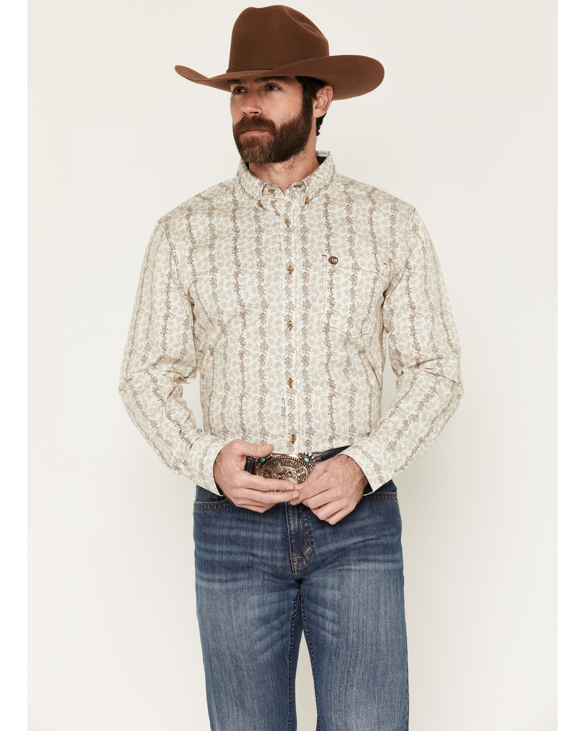Men's Hickory Floral Stripe Print Long Sleeve Button-Down S